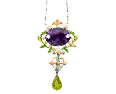 ATTRIBUTED TO THOMAS WORDLEY LTD: FINE 19TH C. AMETHYST, PERIDOT, DIAMOND, PEARL & ENAMEL PENDANT, mounted in unmarked yellow