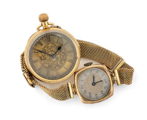 18K GOLD LADIES' FOB WATCH, floral engraved case and dial, Swiss lever movement, 30mms (diam.), 23.8gms; and a vintage 9ct Wa