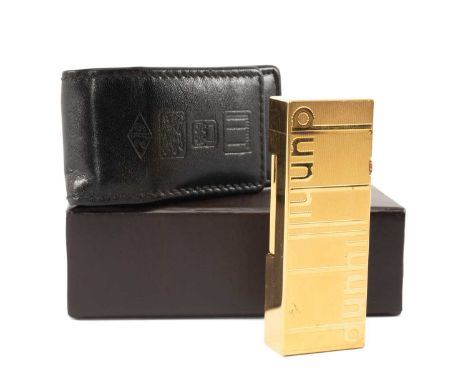 DUNHILL GOLD PLATED LIGHTER, raised double Dunhill logo on a textured ground, gas filled, no. 19098, in Dunhill leather pouch