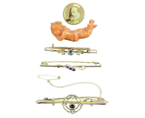 THREE 9CT GOLD BAR BROOCHES, amethyst, split seed pearl and aquamarine set, coral carved figural brooch and Edward VII pin ba