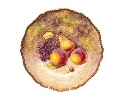 ROYAL WORCESTER PORCELAIN CABINET PLATE, painted all over by J. Reed with autumn fallen fruit, within shaped gadrooned gilt r