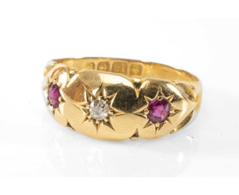 ANTIQUE 18CT GOLD RUBY & DIAMOND THREE STONE RING, Birmingham 1906, ring size L 1/2, 2.5gms in Stoodley & Son ring boxProvena