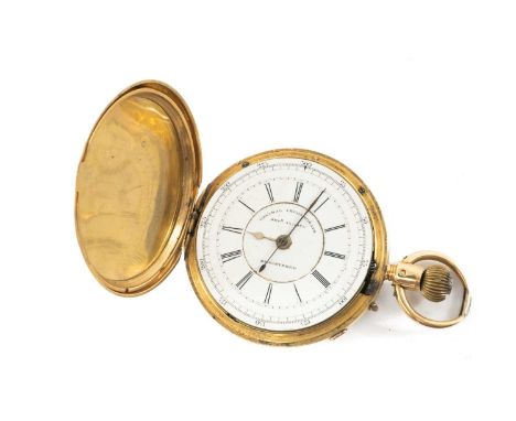 18CT GOLD FULL HUNTER 'DECIMAL CHRONOGRAPH' POCKET WATCH, stepped white enamel dial with Roman Numerals, outer seconds track 