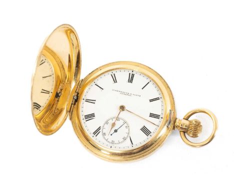 18CT GOLD FULL HUNTER POCKET WATCH, the white enamel dial with Roman numerals, minute track and subsidiary seconds dial, sign