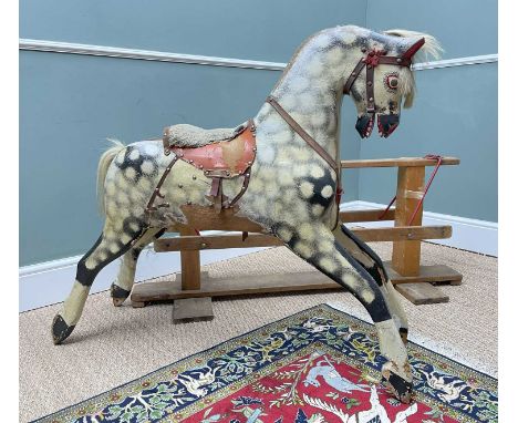 DAPPLE GREY ROCKING HORSE, probably Collinson, real horse hair tail, with parts of saddle and bridle, with slung base, base 1