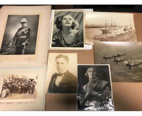 A folder of loose photographs and others, including a signed portrait of Dame Sybil Thorndike in costume, Italian scenes, etc