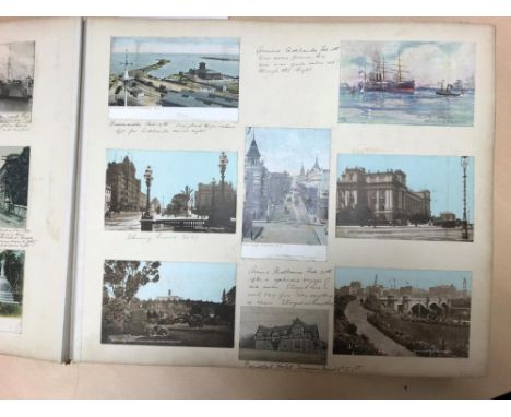 A postcard, photograph and clippings travel album c.1905-08, c.38 x 45cm, mainly covering trips to New Zealand, USA - Chicago