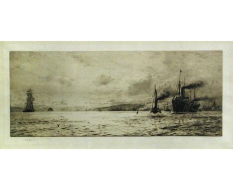 William Lionel Wyllie (British 1851-1931), Tramp Steamer off the Coast, etching with dry point published by W R Howell 1913, 
