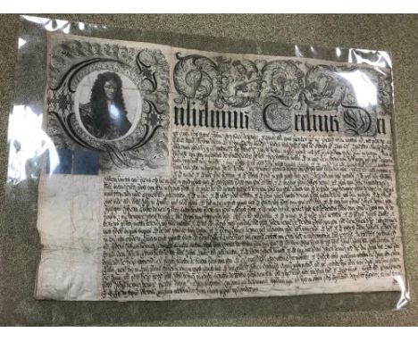 A late 17th century document on parchment, with printed head portrait to upper left and scroll panel, manuscript text below  