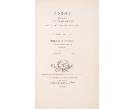 Lovell (Robert) & Robert Southey. Poems: Containing the Retrospect, Odes, Elegies, Sonnets, &c, first edition, bookseller's l