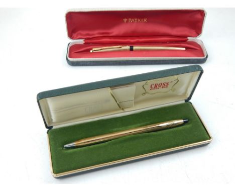 A gold plated Parker 61 fountain pen, cased, together with a Cross gold plated propelling pencil. (2)