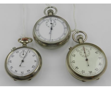 A silver military split seconds timer, the enamel dial with Arabic numerals, the case marked crows foot, together with anothe