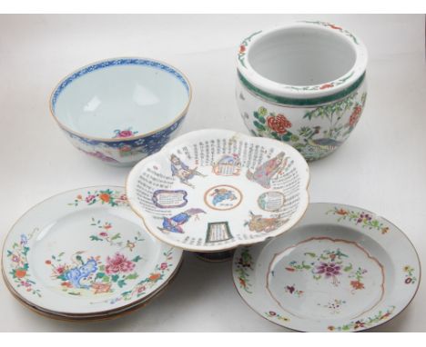 Five early 19th century Chinese famille rose porcelain plates and dishes, together with a bowl, later comport and small jardi