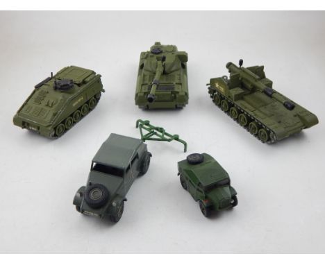 A Dinky toys die cast Volkswagen KDF German staff car, together with a field artillery tractor, Chieftain tank, and two other