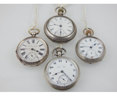 A late 19th century silver Waterbury series J keyless wind open face pocket watch, duplex escapement, enamel dial with Roman 