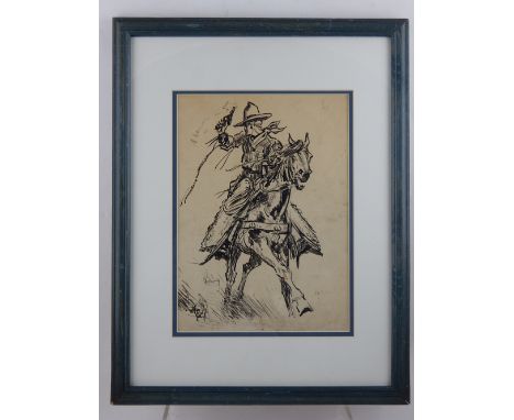 (20th century school) 'Study of a Cowboy', pen and ink on paper, indistinctly signed and dated 1936 to back, H.36cm W.19cm