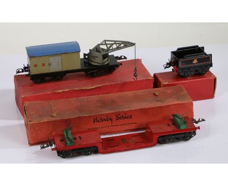 Hornby Gauge O, to include RS684 Trolley Wagon, RS657 Breakdown Van and Crane, 42031 Tender No. 50, all boxed, (3)