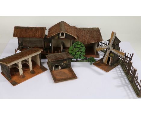 Hand made model farmyard to include chicken coop, windmill, stable, fences, well etc. (qty)