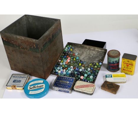 Collection of marbles, vintage tins to include Huntley &amp; Palmers, Colman's mustard, Farrah's toffee, Sellotape etc. (qty)