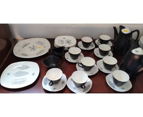 A Midwinter Nature Study pattern coffee service comprising two coffee pots, plate, large plate, six small plates, nine cups, 