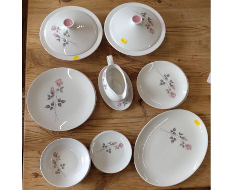 A Royal Doulton Pillar Rose dinner service comprising two tureens with lids, six large, six medium amd six small plates, six 
