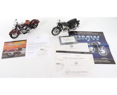 Two Franklin boxed 1:10 scale Motorcycles, Indian 442 (1942) and BMW R-50 1957 both in near mint condition, with paperwork.(2