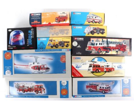 Eleven boxed Corgi Toys Fire &amp; Rescue diecast vehicles, including, Philadelphia Mack CF tower, Los Angeles City  Huey Iro