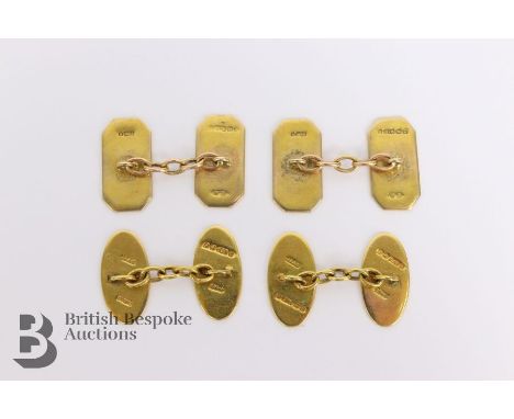 Two pairs of 9ct gold cufflink's, one pair with foliate engraving and the other with engine-turned decoration, approx 9.63 gm