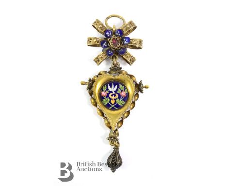 Russian 19th century enamel heart-form pendant,&nbsp; the heart-form pendant depciting a white dove with crucifix to back, me