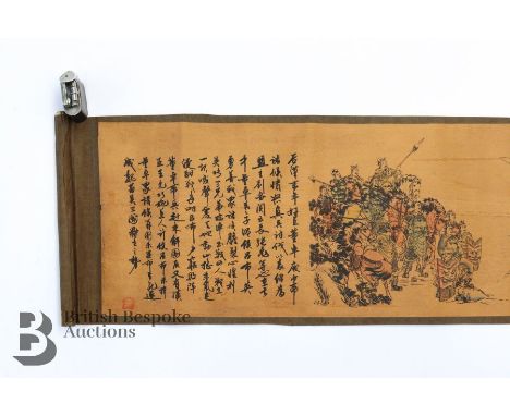 Antique Chinese scroll, depicting mounted warriors preparing for battle, approx 225 cms in length, with character marks and s