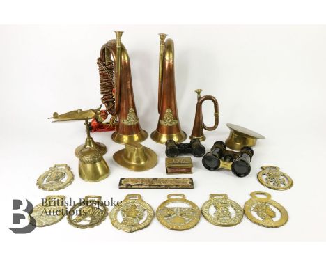 Militaria - comprising two copper and brass Royal Engineers bugles, collection of trench art including a spitfire 16 x 13 cms
