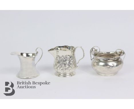 Georgian silver creamer, London hallmark dated 1751, monogrammed WWPC, approx 72.8 gms, silver twin handled sugar bowl and cr