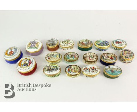 Collection of enamel pill boxes, including nine Bilston &amp; Battersea pill boxes (one lid with all faults), five Halycon Da
