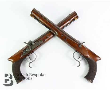 H.W Mortimer &amp; Co (Maker's to His Majesty) cased pair of percussion target pistols, with bolted percussion locks, saw-han