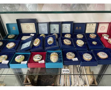 A collection of boxed Bilston, Halcyon Days and other enamel boxes