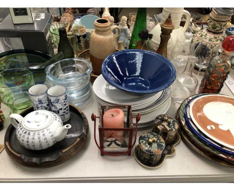 A tall green glass decanter, other glass ware, various plates and bowls, a German pewter lidded flagon, another by Bishop and