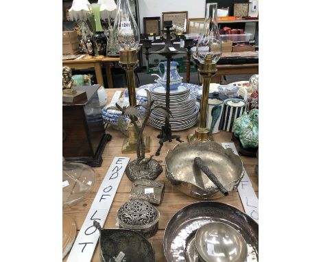 Electroplate bowls, an Indian parasol parasol handle, a bronze four light candelabrum, brass candlesticks, a camel and palm t