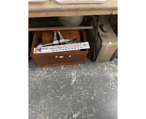 A table top chest containing tools, 78rpm records, turntables, a cased Bernina electric sewing machine, a steering wheel, etc