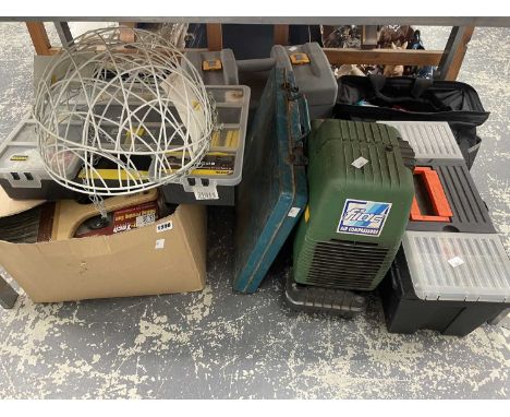 A Fiac air compressor, tool boxes, tools, paint brushes, etc.