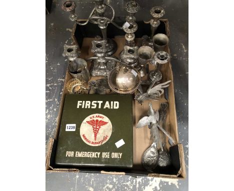 Electroplate candelabra, cockerel figures, goblets and other wares together with a US Army first aid kit box