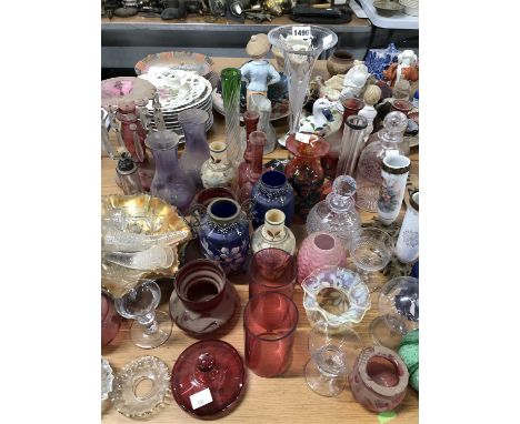 A cranberry glass lustre, other coloured glass, an 1887 commemorative decanter, a satin glass shade, etc.