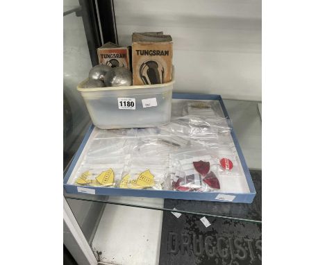 A collection of enamel 'Prefect' badges together with Tungsram electrical valves