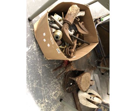 Five fire bellows together with a box of iron, brass and copper wares together with a swan planter