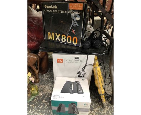 Boxed JBL Creature II speakers &amp; subwoofer, boxed Logitech Z320 speakers, camcorder stereo audio mixer, Sony blu-ray play