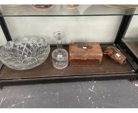 A decanter a glass punch bowl, a leather covered jewellery box, etc.