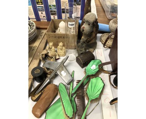 A green enamelled Mappin and Webb silver brush and mirror set, a model of the Taj Mahal, a chrome aeroplane, spectacles, etc.
