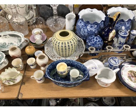 Blue and white and other decorative ceramics, decanters and drinking glass, a pair of McIntyre Caton Woodville vases, a chrom
