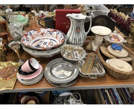 A wash jug and bowl, an Amherst bowl, electroplate, a basket of ceramic lids, copper wares, etc.