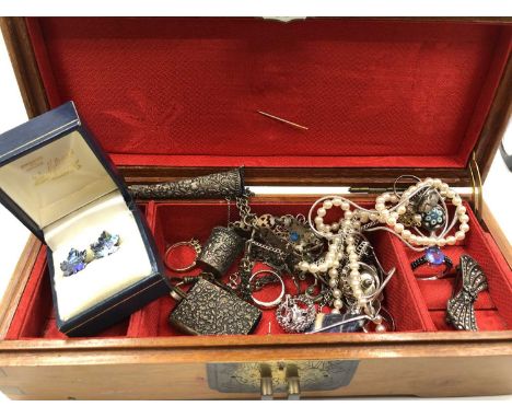An antique chatelaine together with a collection of silver jewellery, some with hallmarks. 