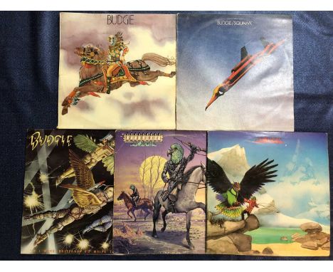 Budgie – 5 LP Records: All 1st Pressings; Budgie 1st LP, Squawk, Never Turn Your Back On A Friend, Bandolier and If I Were Br